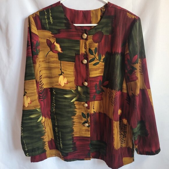 Elizabeth Williams Fall Autumn Color Block Green Gold Burgundy Button Jacket VTG - Picture 1 of 9